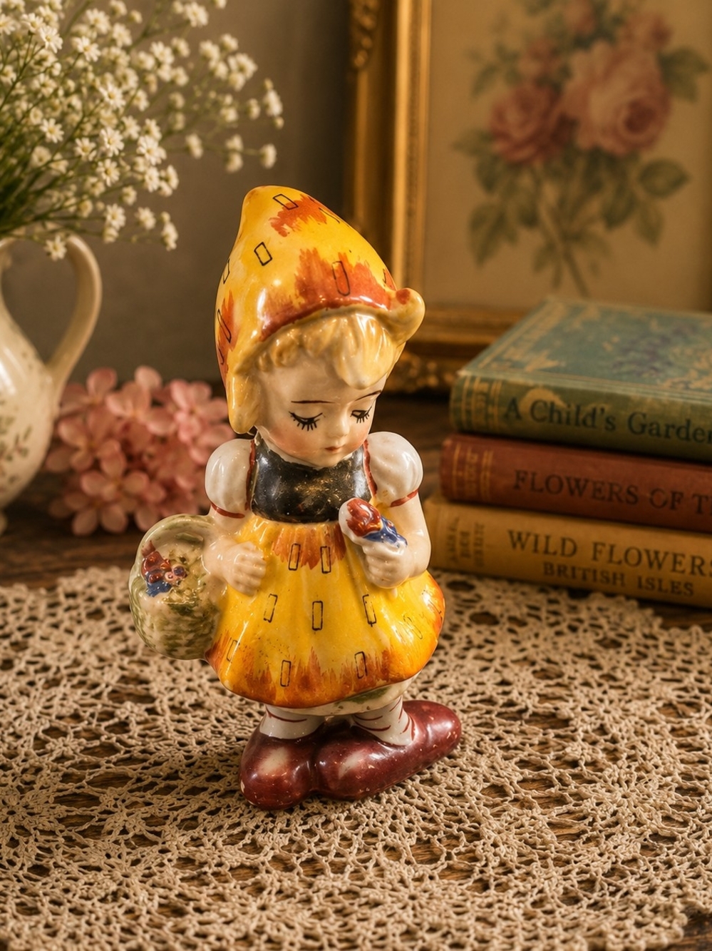 Vintage Occupied Japan Girl Figurine Basket Flower Hand Painted 4.75"